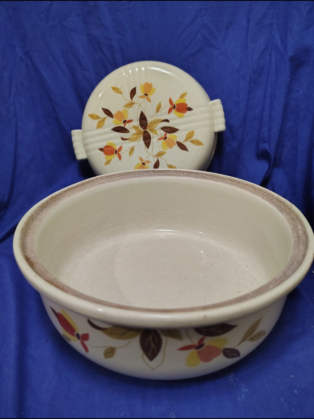 Vintage Floral Ceramic Casserole Dish in Cream and Brown